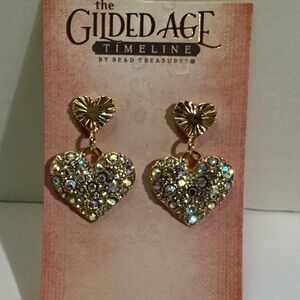 Gilded Age Bead Treasures Gold Tone Heart & Rhinestone Drop Earrings New